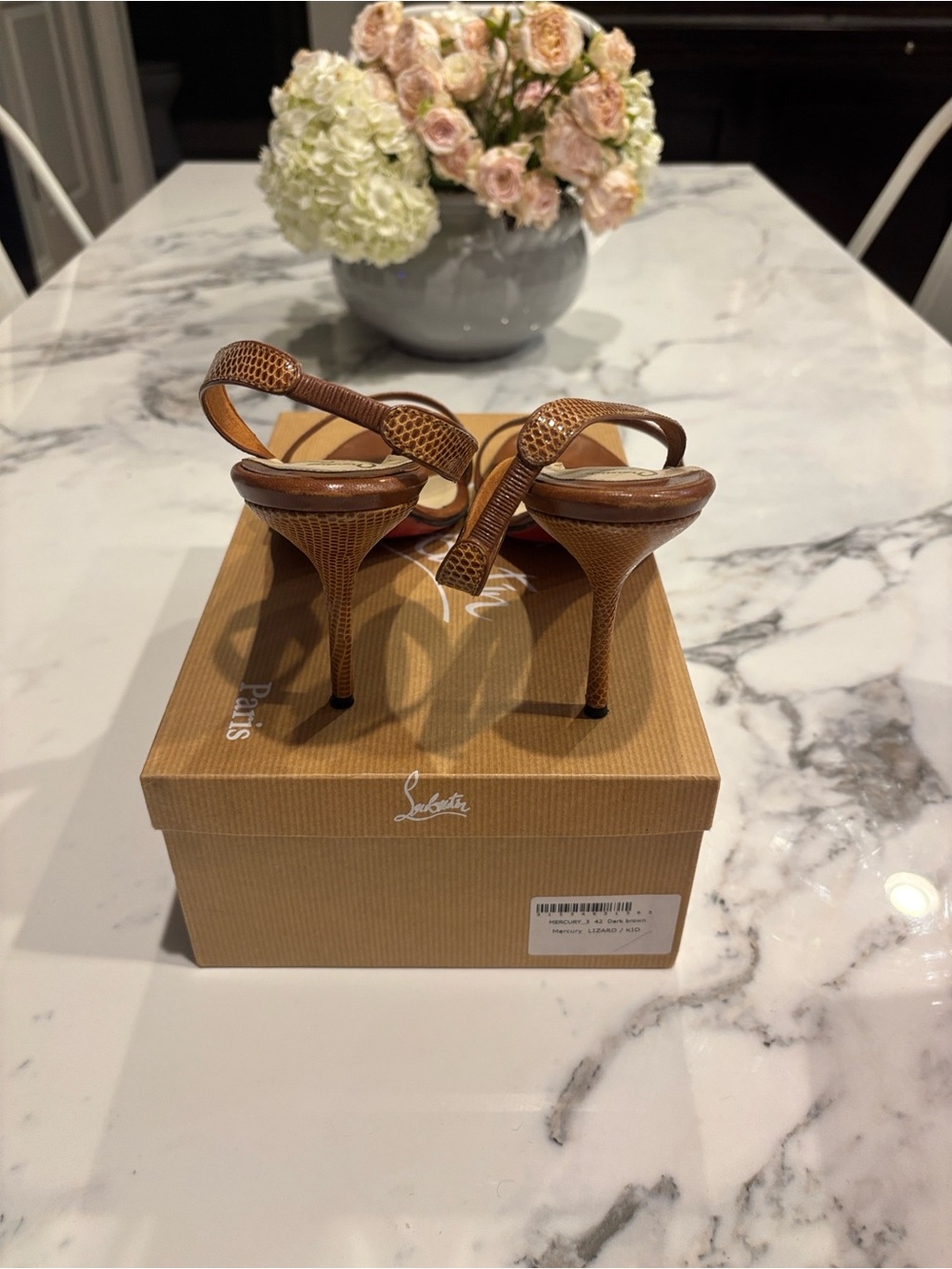 Christian Louboutin Brown Textured Strap Leather Slingback Heels - Picture 2 of 6